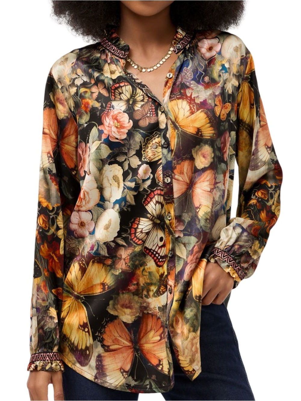 Johnny Was Women's Size S Black Floral Butterfly Silk Blend Button Up Blouse